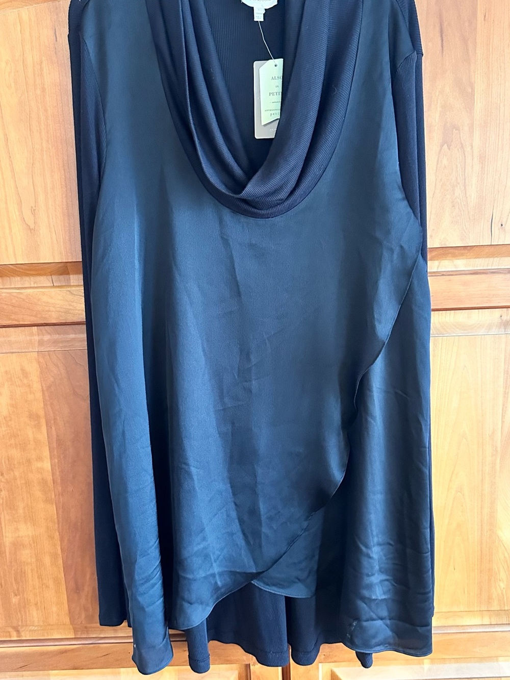 Anthropologie, Deletta, Black, layered front, long sleeve knit top. Size L NWT